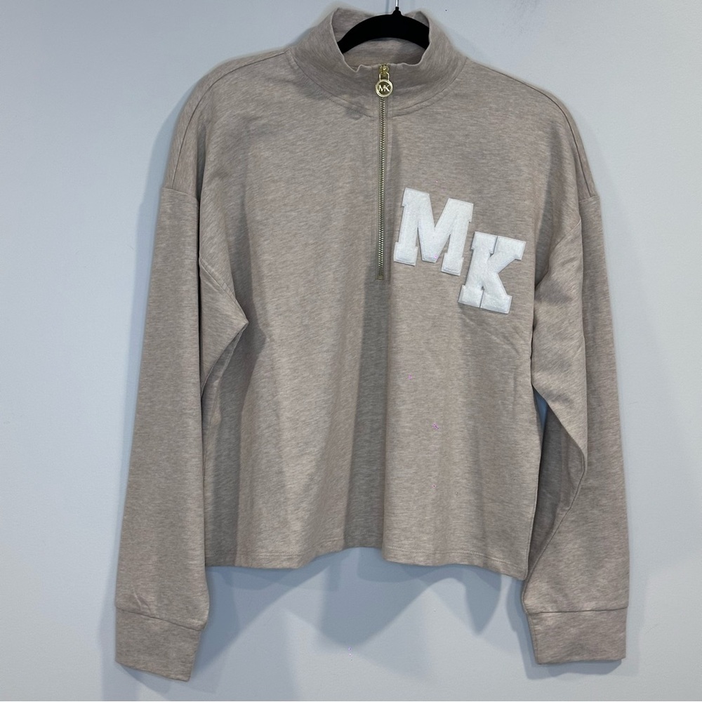MICHAEL KORS Women’s Oatmeal Sweatshirt Dog Tag Logo 1/3 zip Size L MSRP $110